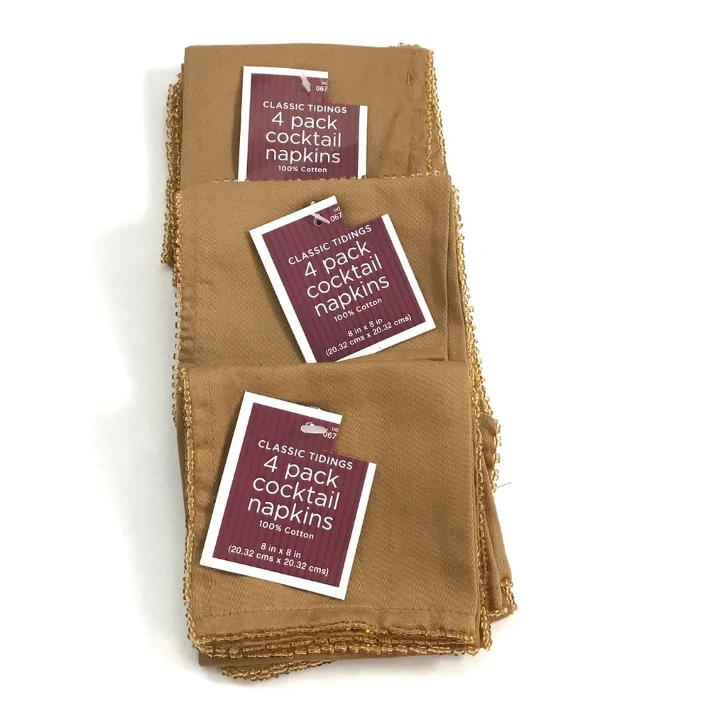 Cotton Beaded Cocktail Napkins Golden Tan Set of 12